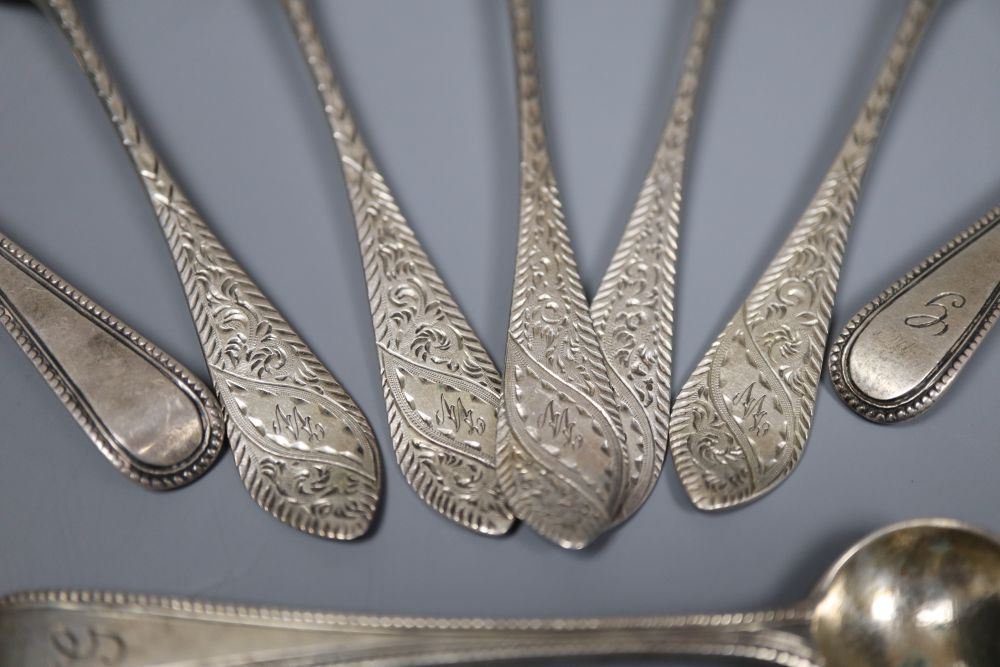 Three Victorian silver beaded old English pattern salt spoons and five other spoons, together with a childs silver spoon and fork (10)